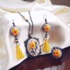 Bohemian-Inspired Embroidered Ring, Earring and Necklace Set