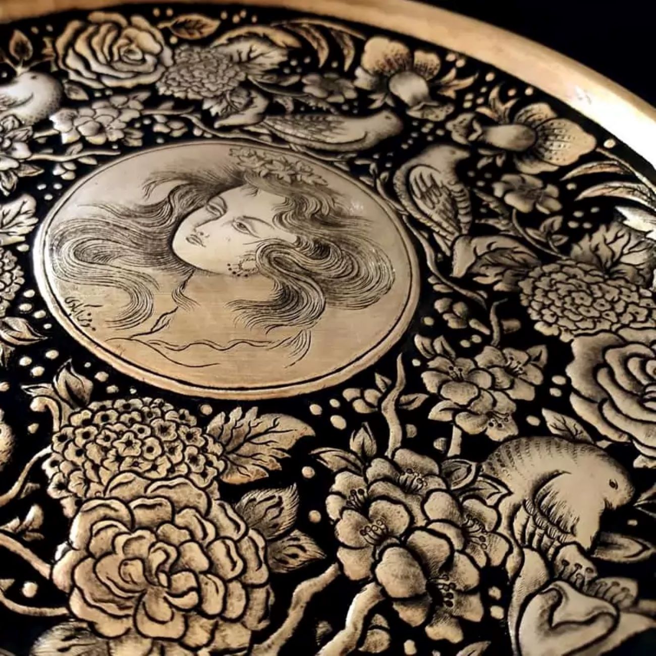 Brass Tray with a Floral Border and a Miniature Design in the Center