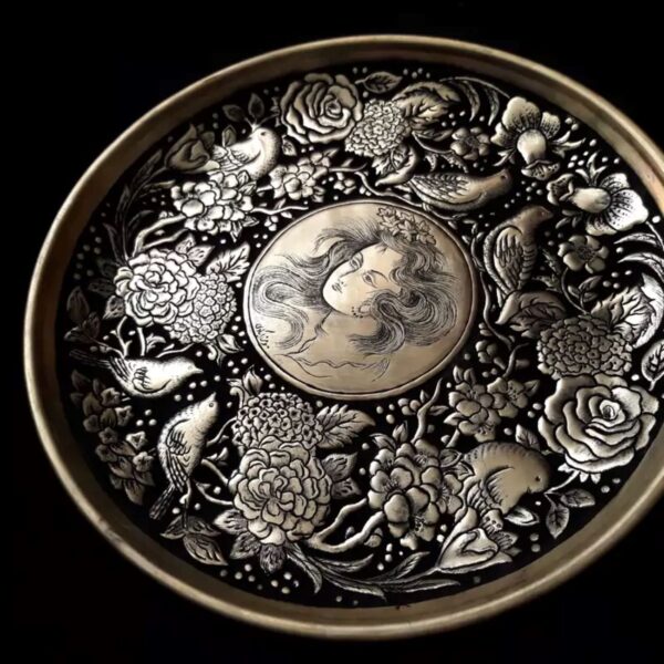 Brass Tray with a Floral Border and a Miniature Design in the Center