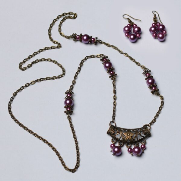 Bronze Jewelry Set Chain Necklace with Purple Pearl & Matching Earring
