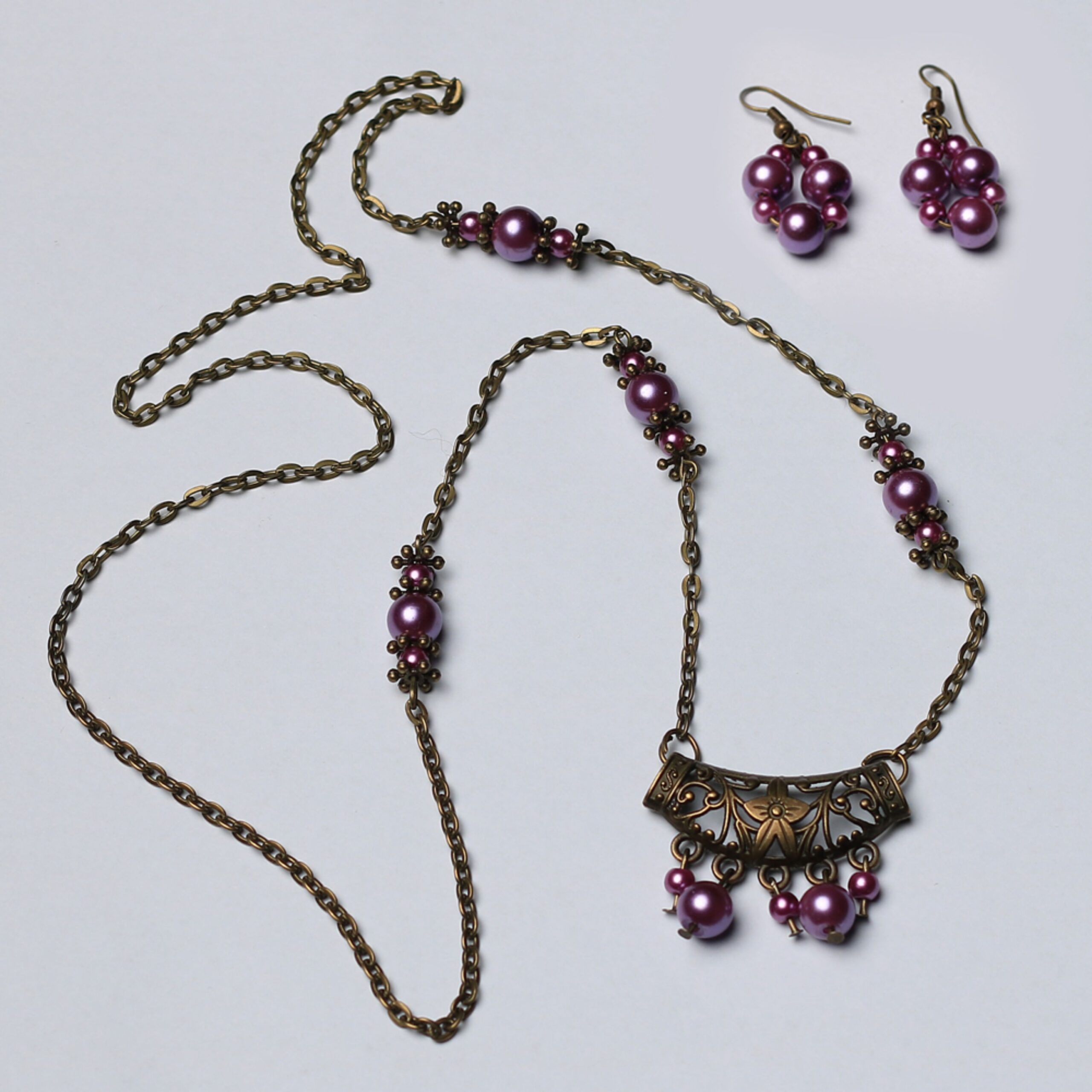 Bronze Jewelry Set Chain Necklace with Purple Pearl & Matching Earring