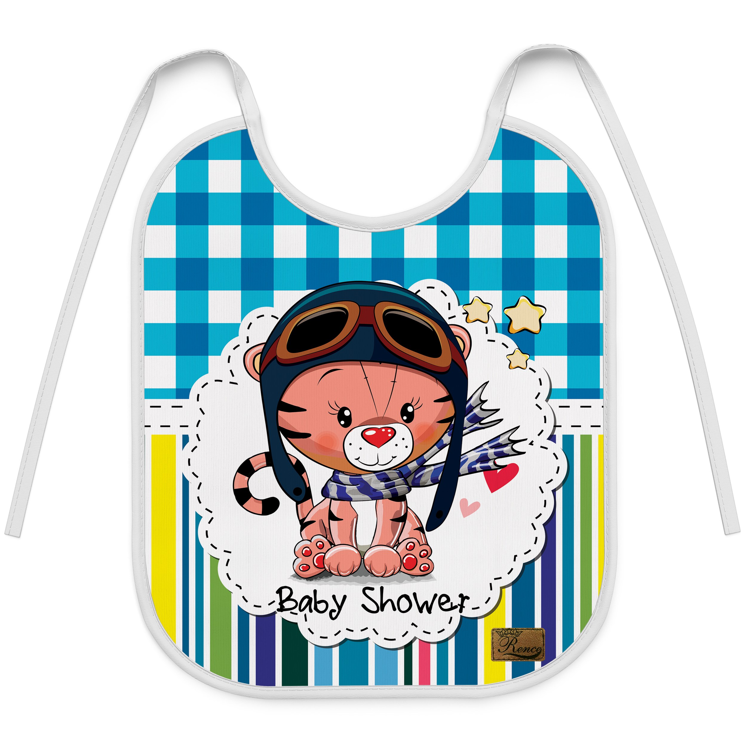 Baby Bib Cartoon Tiger Pilot with Gingham and Stripe Pattern