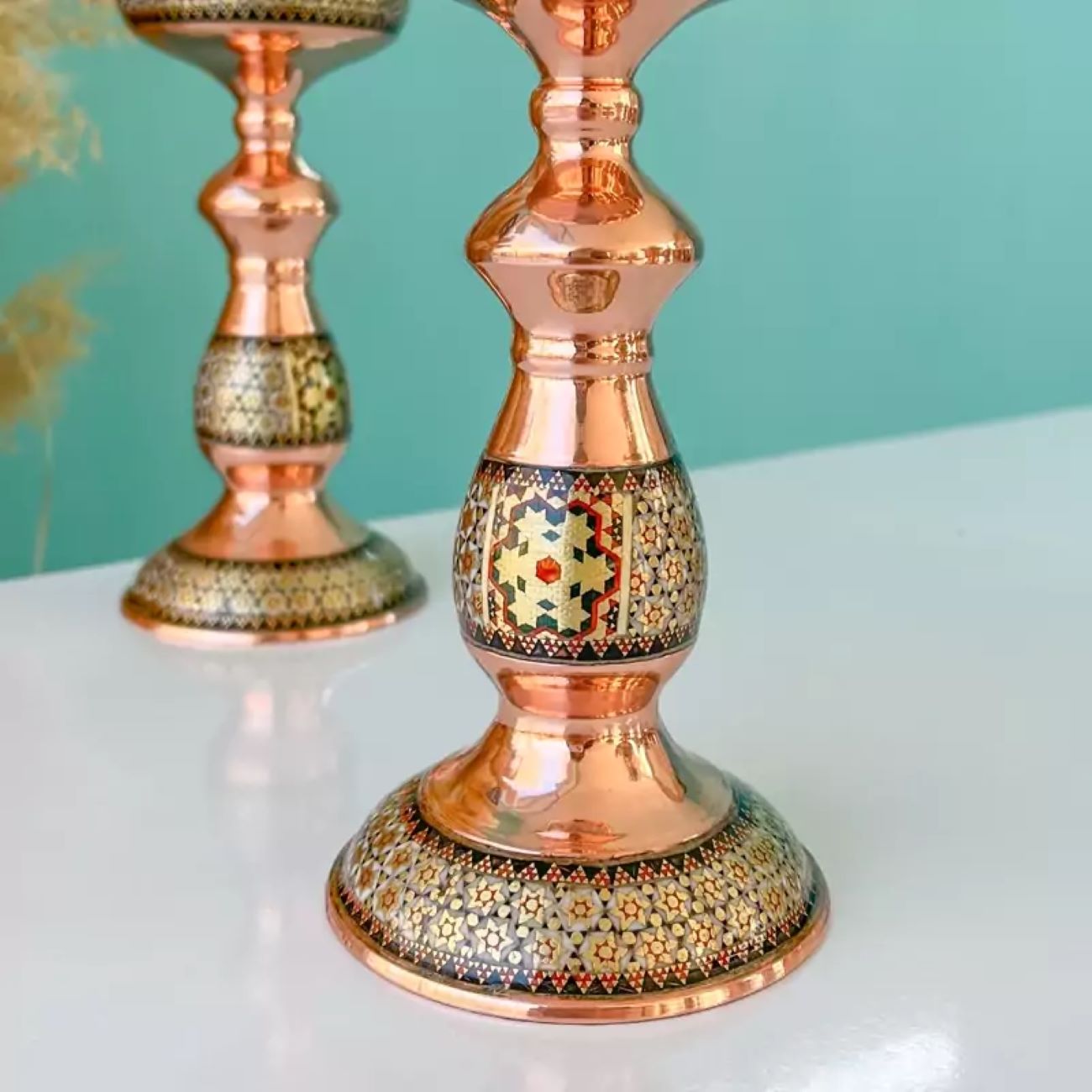 Copper Oil Lamp, A Beautiful Persian Traditional Light with khatamkari Style