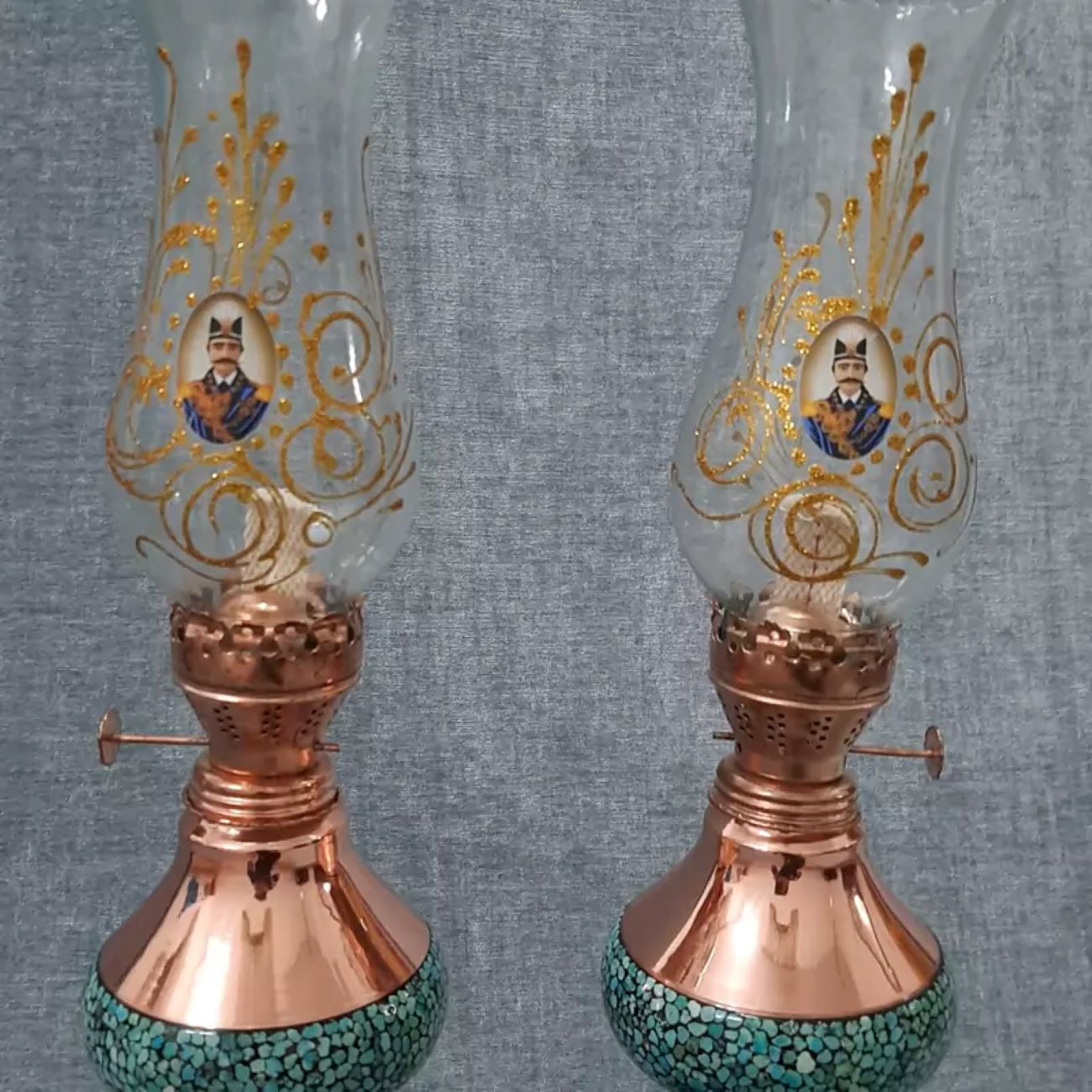 Copper Oil Lamp, Vintage Persian Style with Elegant Handcrafted Turquoise Inlaid