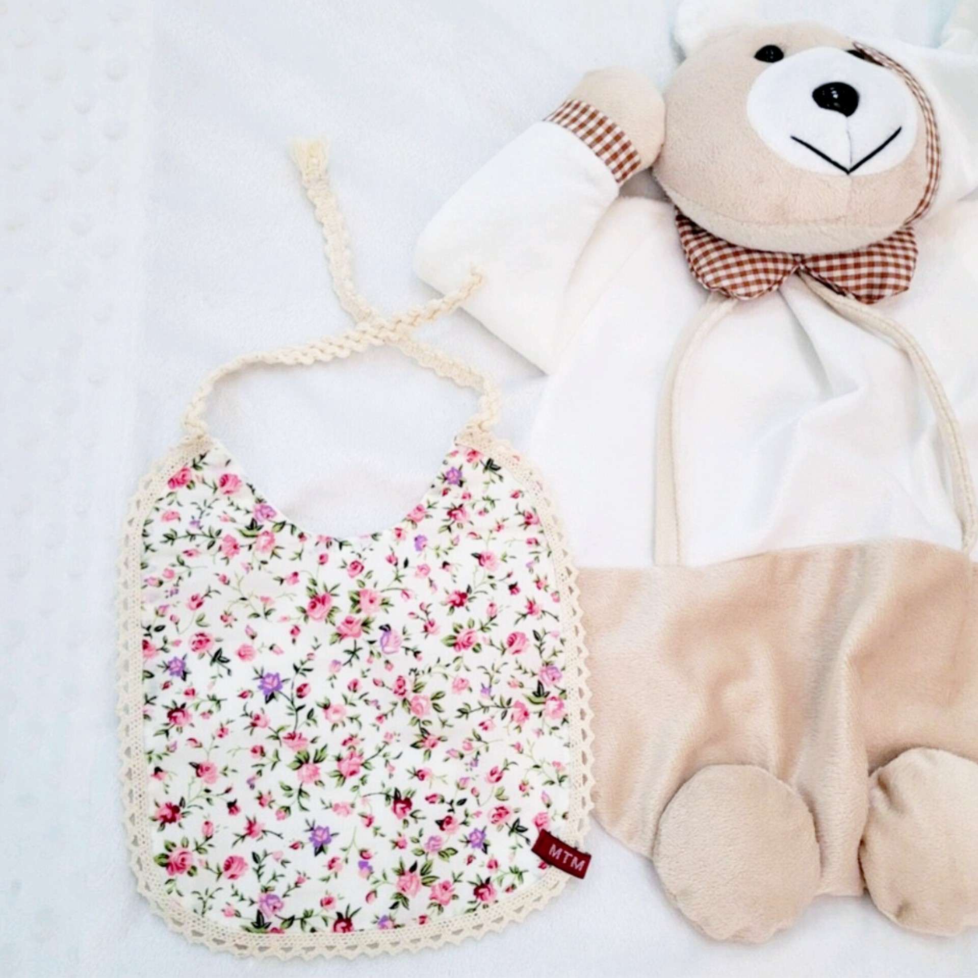Baby Bib Delicate Floral Print  with Crochet Lace Edging