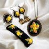 Embroidered Jewelry Set Include Pair of Free Hair Clips in Yellow Flower Design