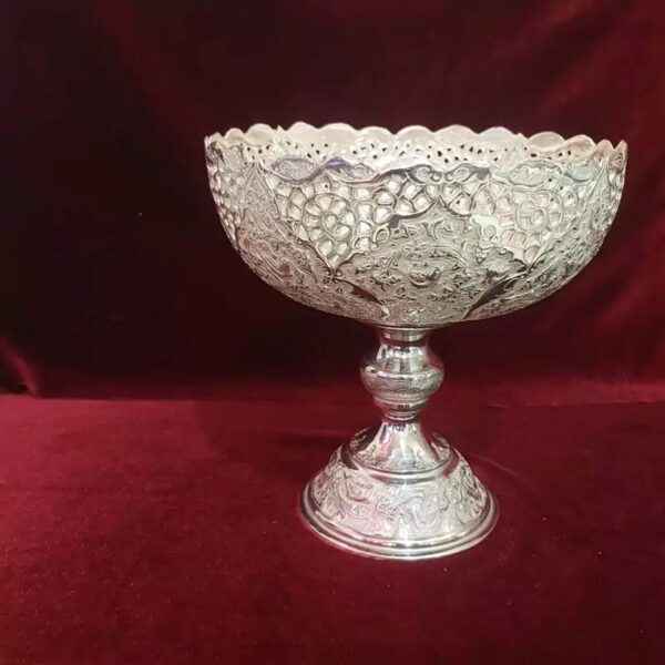 Engraved Brass Bowl with Silver Plating, Flower & Bird Design, Ideal for Serving