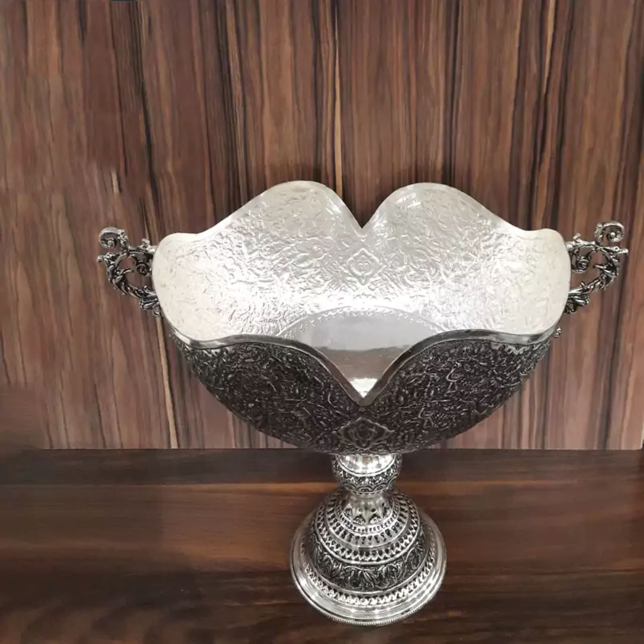 Engraved Brass Bowl with Silver Plating, Unique Flower & Peacock Design