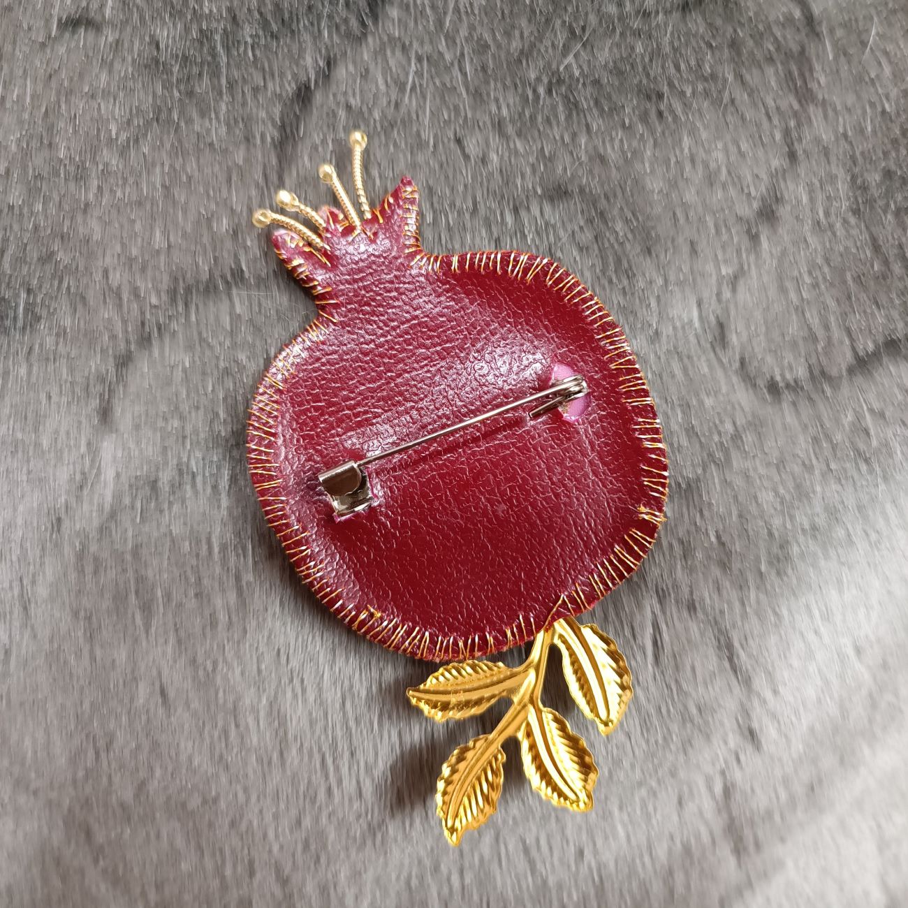 Hand-Embroidered Jewel Pomegranate Brooch with Golden Leaf Design