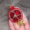 Hand-Embroidered Jewel Pomegranate Brooch with Golden Leaf Design