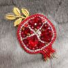 Hand-Embroidered Jewel Pomegranate Brooch with Golden Leaf Design