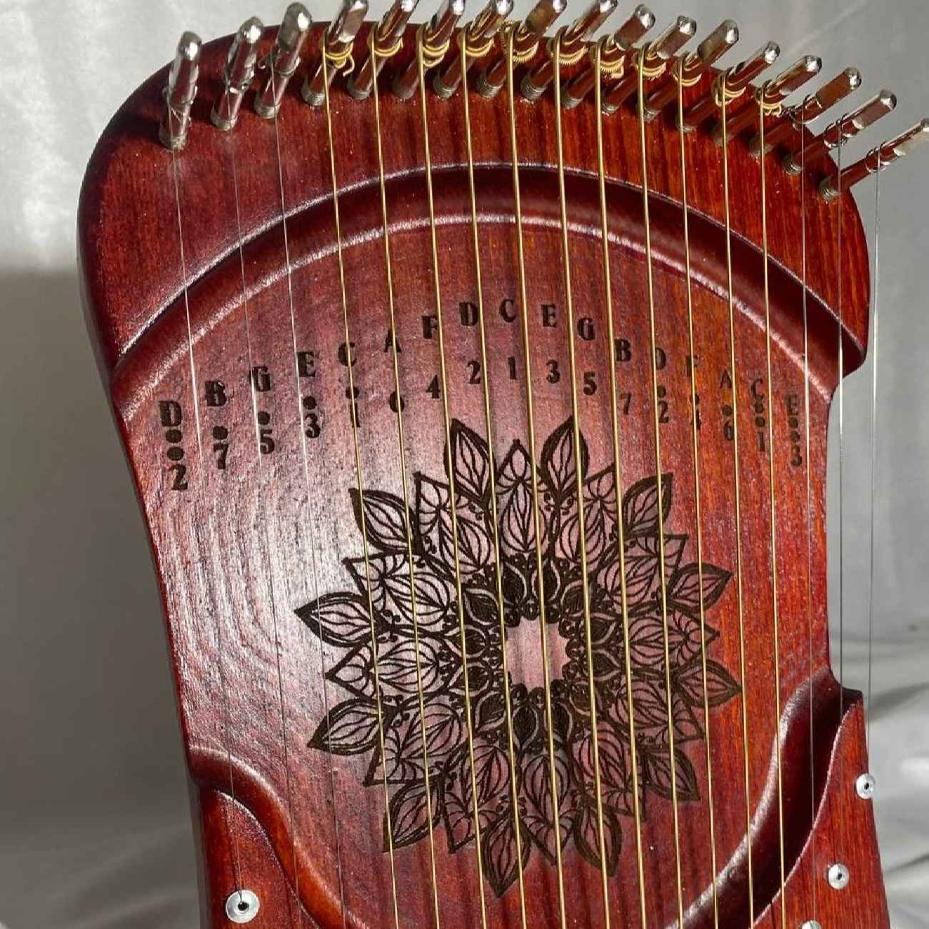 Harika 16-String Mahogany Lyre Harp Mandala Engraved Melody in a Rich Wood Tone