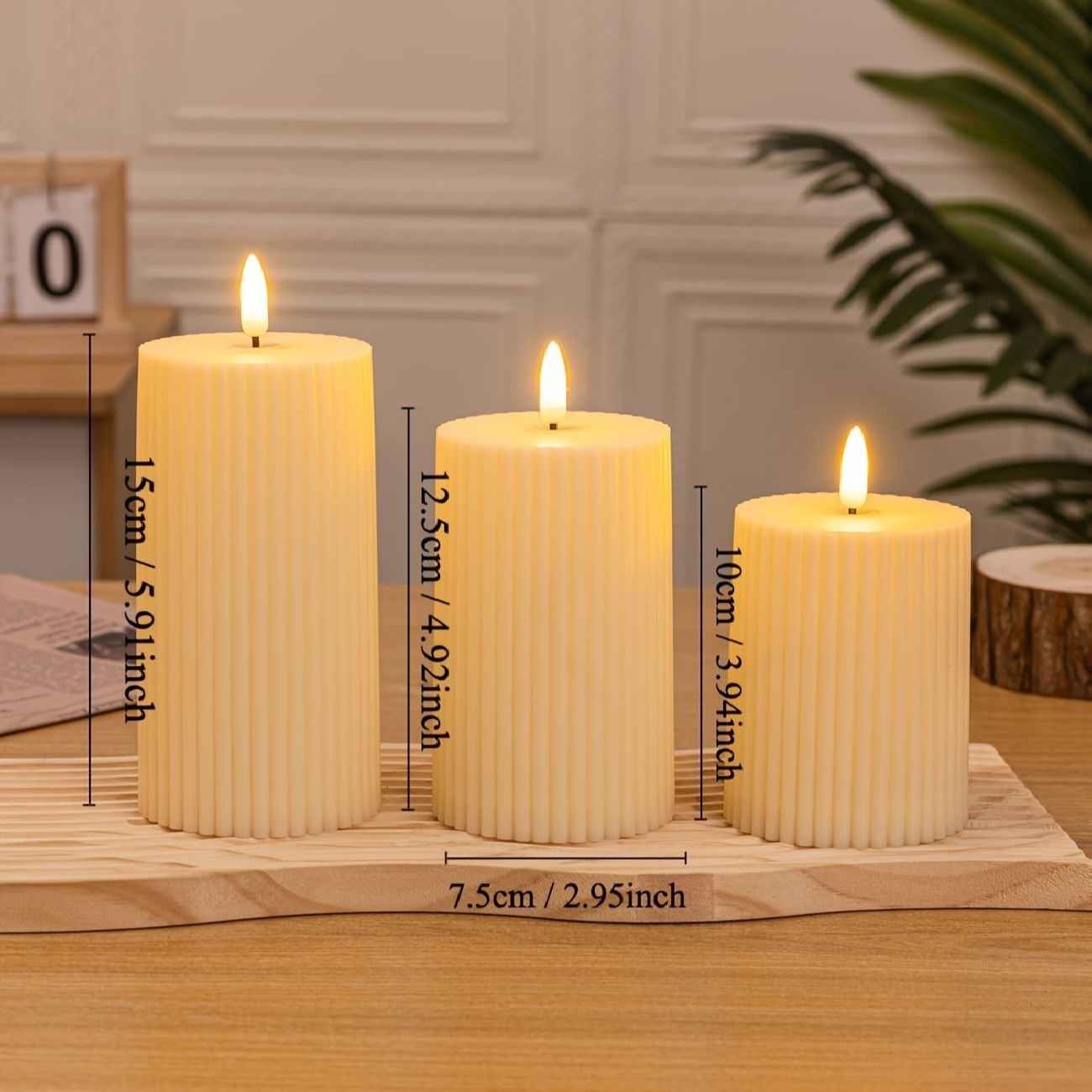 Pillar LED Candle Different Height Grooved Pattern (Pack of 3)