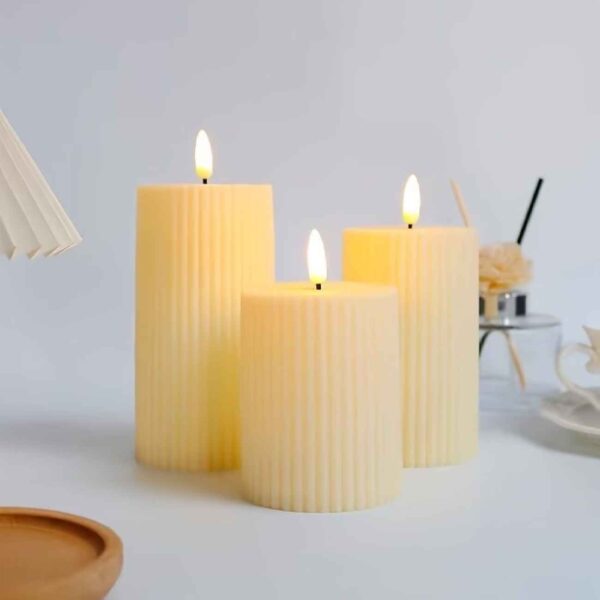 Pillar LED Candle Different Height Grooved Pattern (Pack of 3)