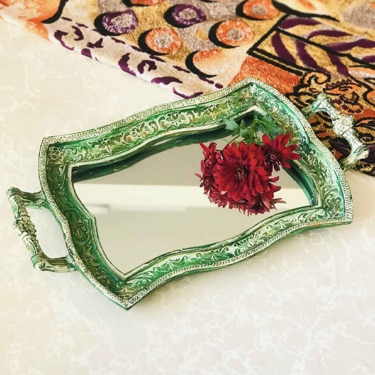 Polyresin Tray – Ornate Accents & Mirror Finish Green