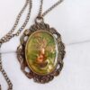 Romantic Women's Antique Bronze Necklace with Green Resin, Dried Flower, and Bird