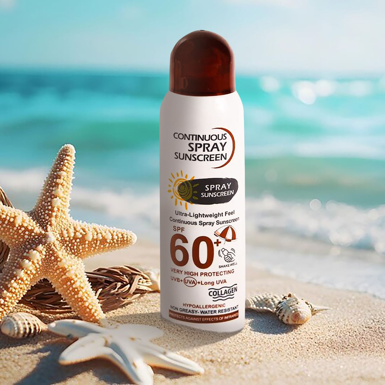 Sunscreen Spray, with SPF 60, contains UVA and UVB protection