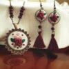 Embroidered Earring, Ring and Necklace Set Include Pair of Free Hair Clips