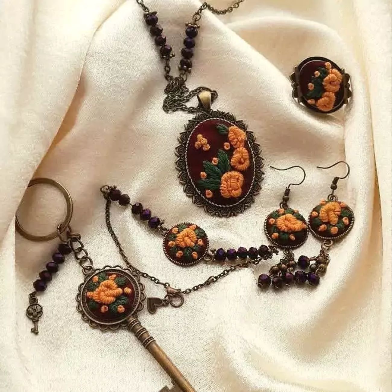 Embroidered Jewelry Set Include Pair of Free Hair Clips and Keychain