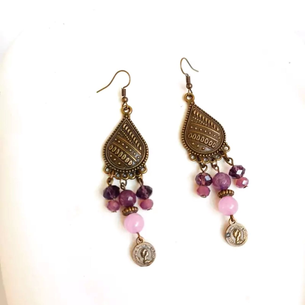 Traditional Necklace and Earring Set with Purple Jade Stone and Purple Crystal.