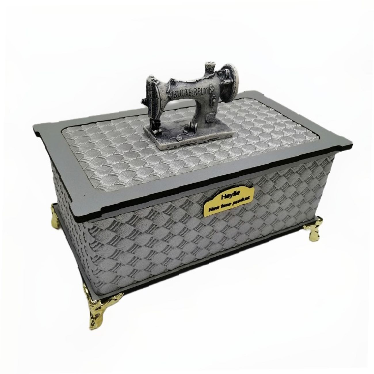 Wooden Sewing Box with Artificial Leather Cover Include Several Sewing Tools