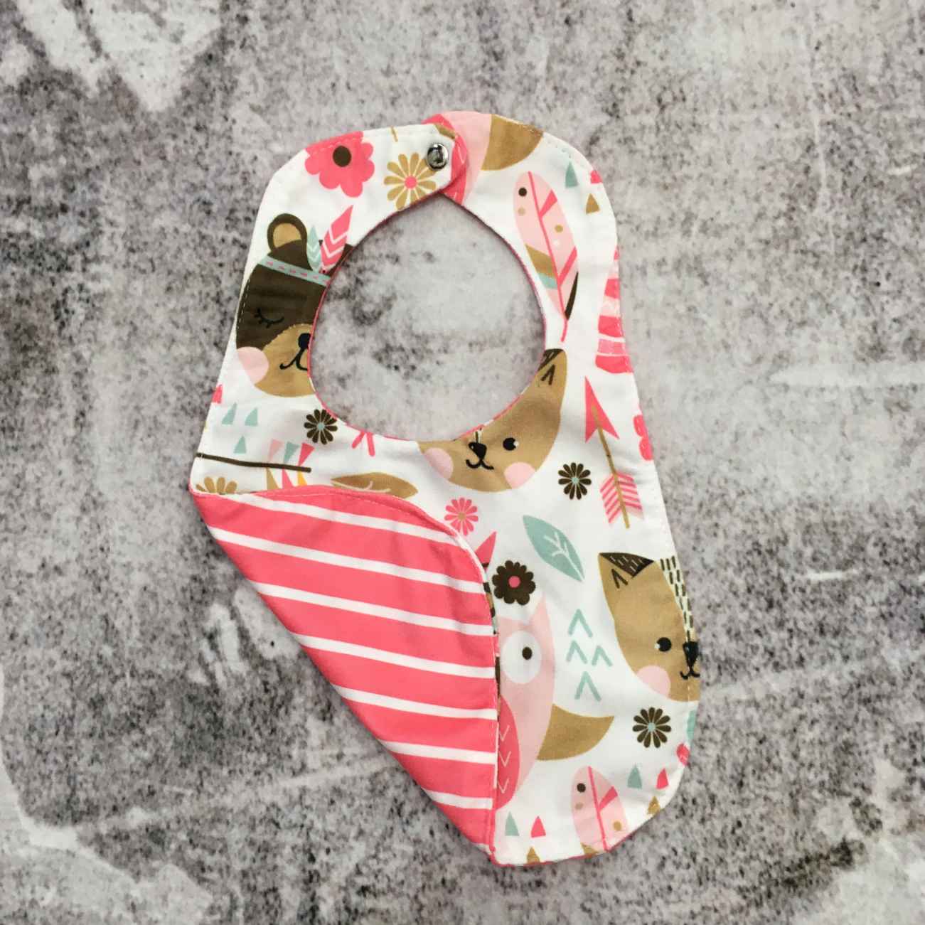 Baby Bib Woodland Creature with Feather and Floral Detail