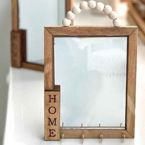Beaded Wooden Wall-Mounted Mirror Key Holder with 4 Hooks