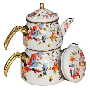 Enamel Teapot and Kettle Set – Floral & Bird Design