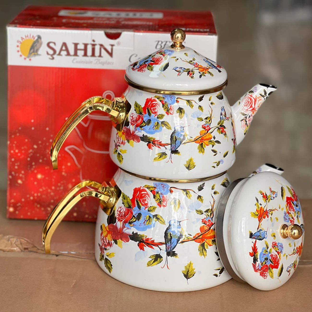 Enamel Teapot and Kettle Set – Floral & Bird Design
