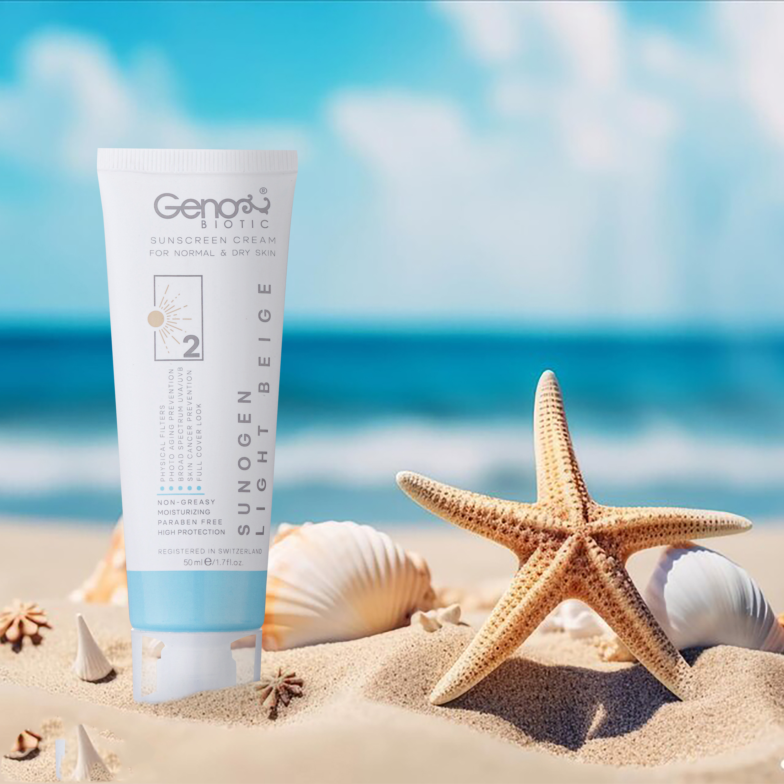 Geno Biotic Tinted Sunscreen Cream Suitable for Normal to Dry Skin – Light Beige Color, SPF50 (pack of 2)