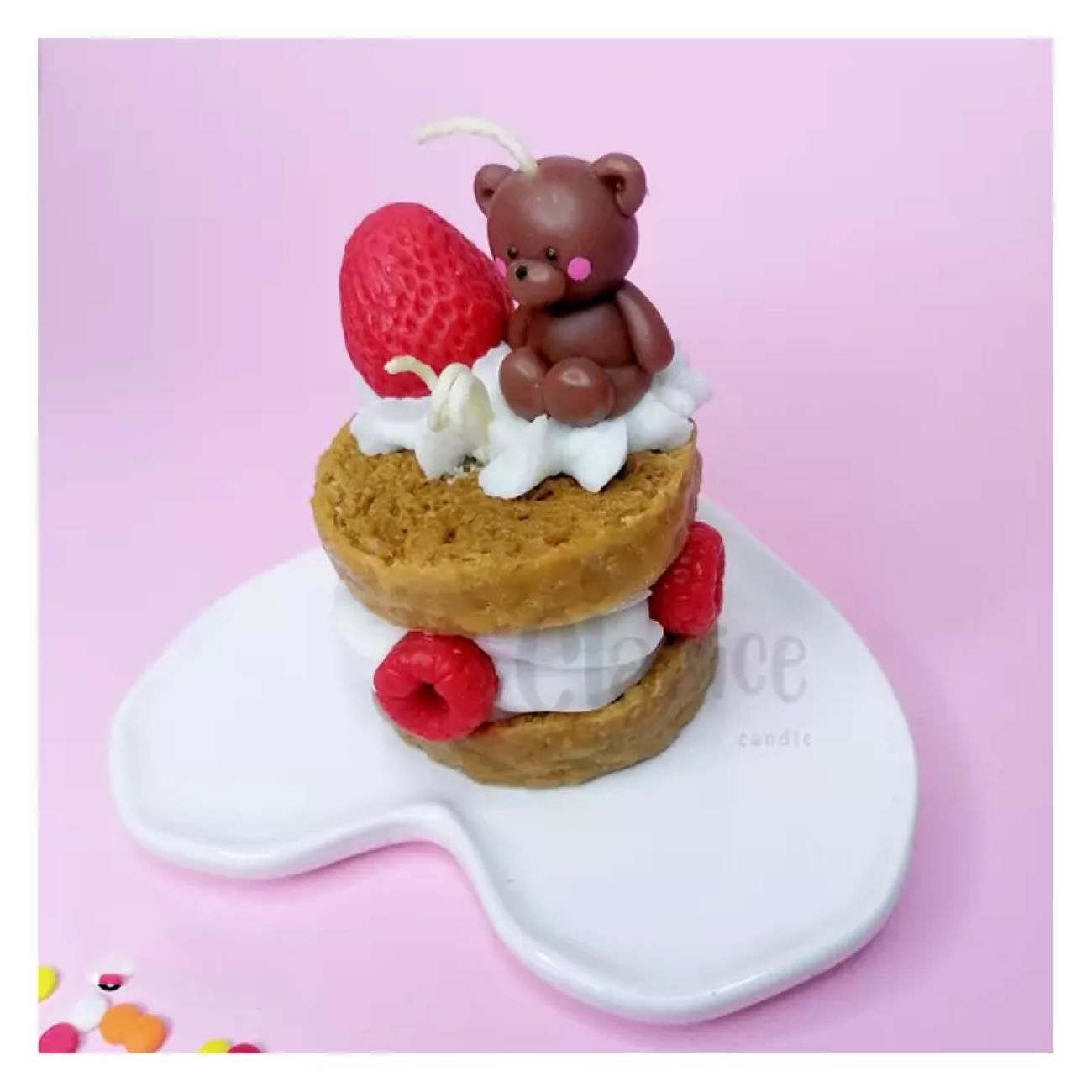 Handcrafted Novelty Layered Cake Candle Featuring a Bear and Strawberry