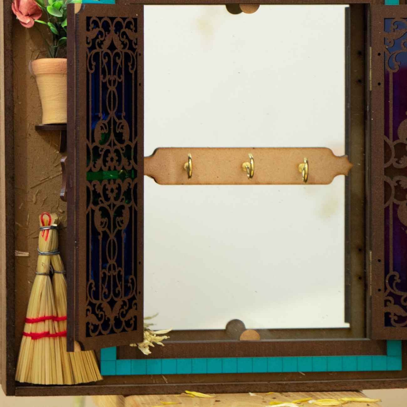 Hanging Wooden Mirror Key Holder with Traditional Opening Door Design