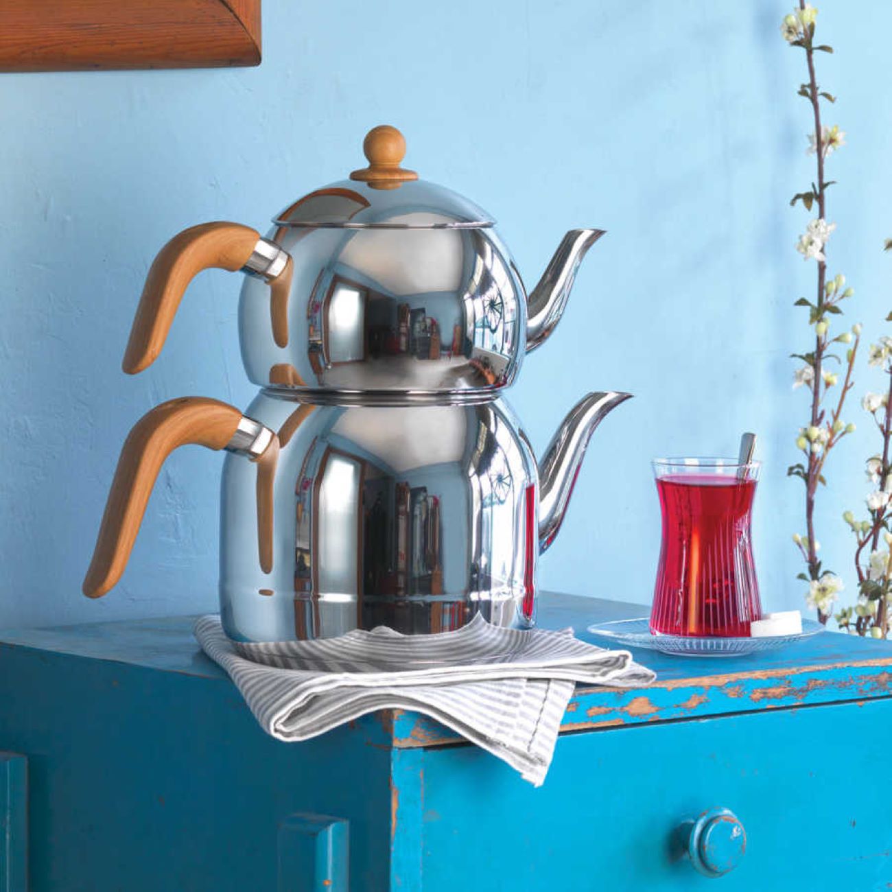 Korkmaz Teapot and Kettle Set Model A196 – Stainless Steel with Chrome – Nickel Plating