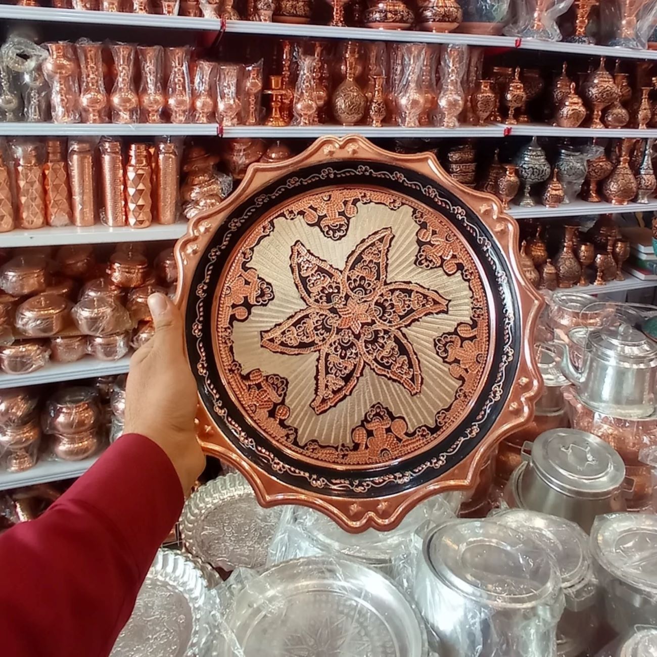 Large Copper Serving Tray in Star Design with Silver Inlay and Nano Finish