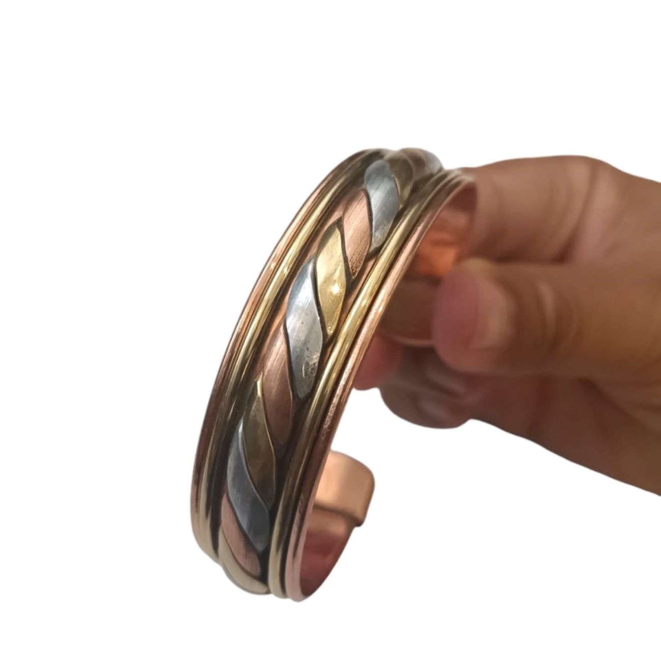 Wide Copper Bracelet with Silver and Gold Weave, Premium Quality