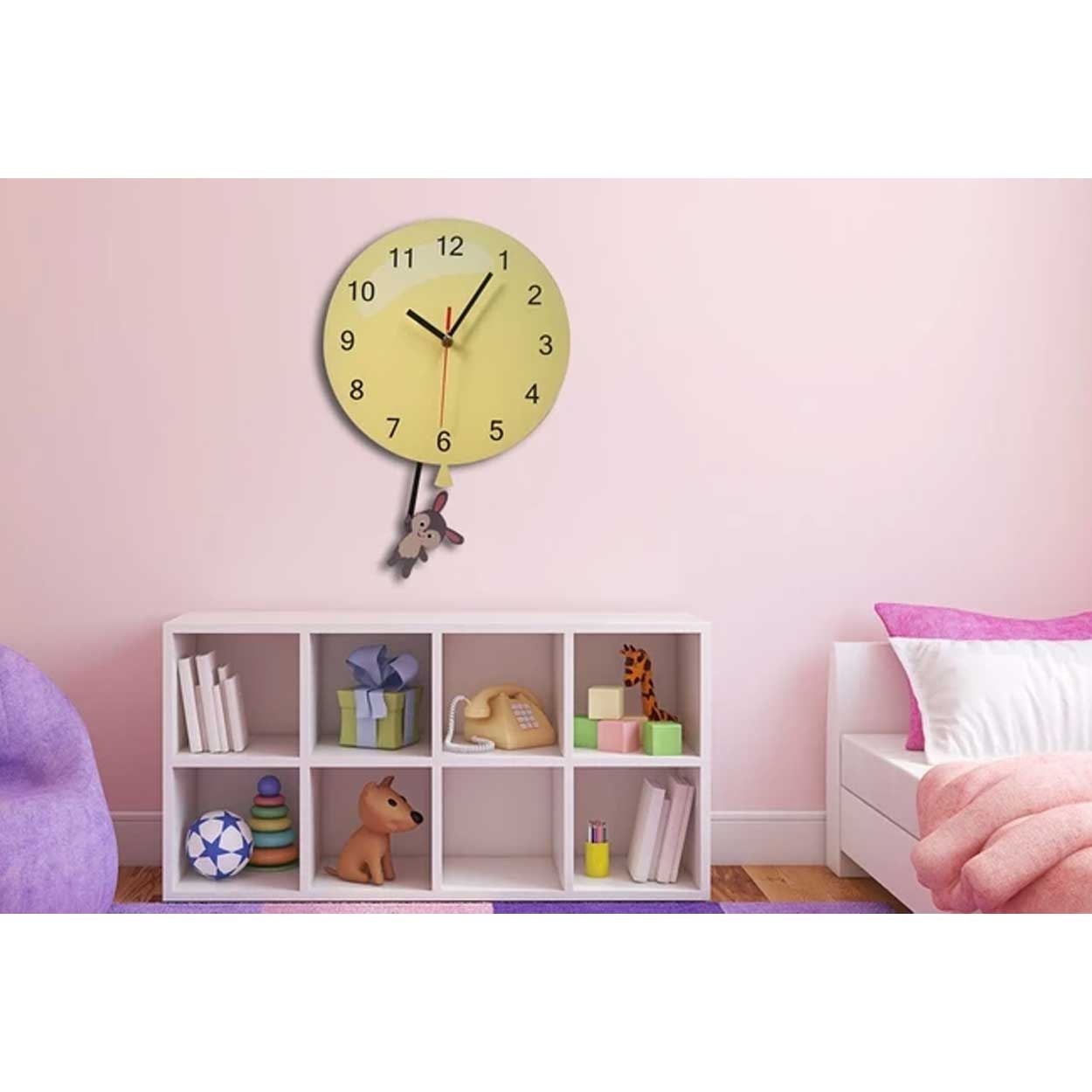 Wooden Nursery Children’s Room Pendulum Wall Clock – Cute Rabbit & Balloon Design
