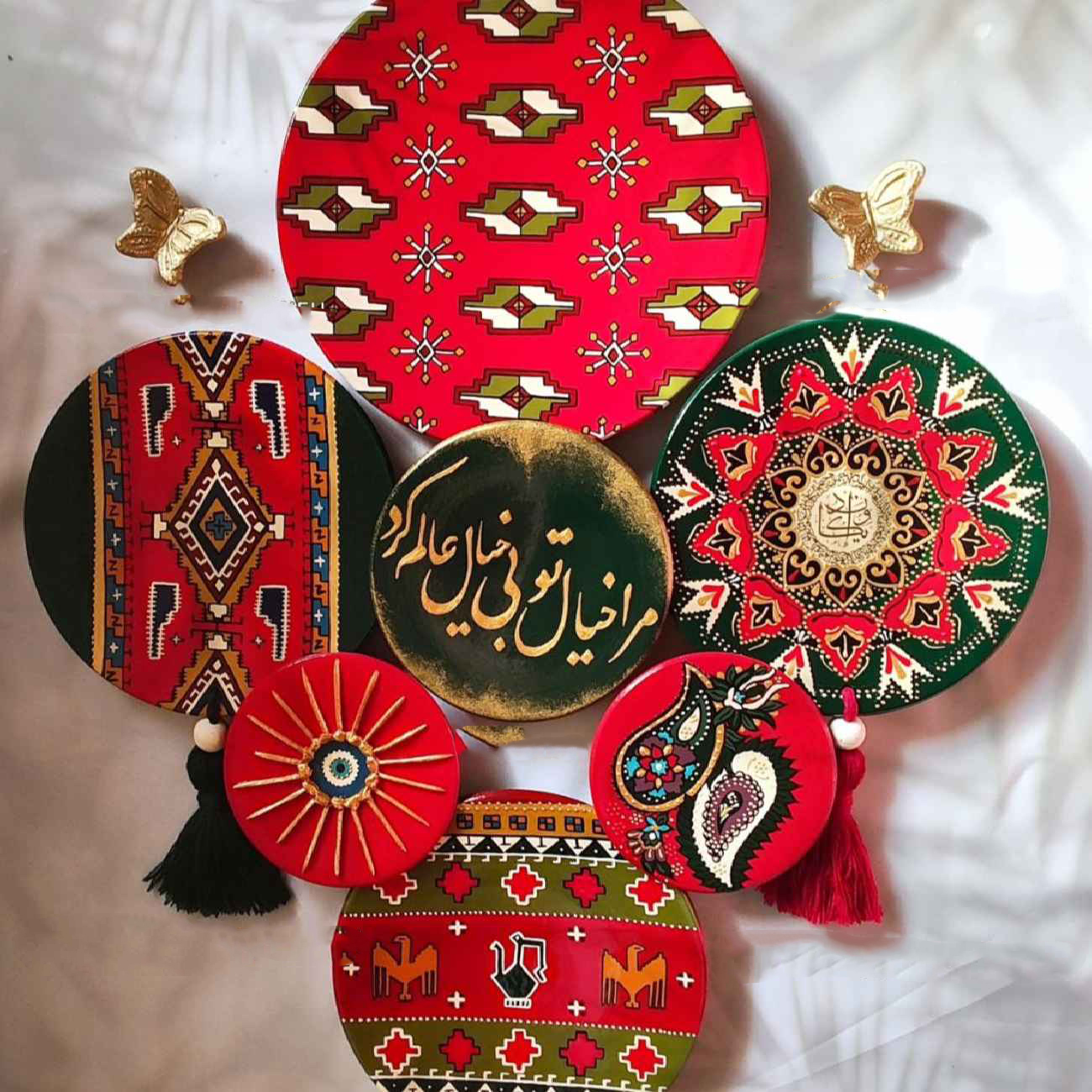 Artisan Pottery Plate Set – Decorative Wall or Table Display with Persian Calligraphy (7 Pcs)