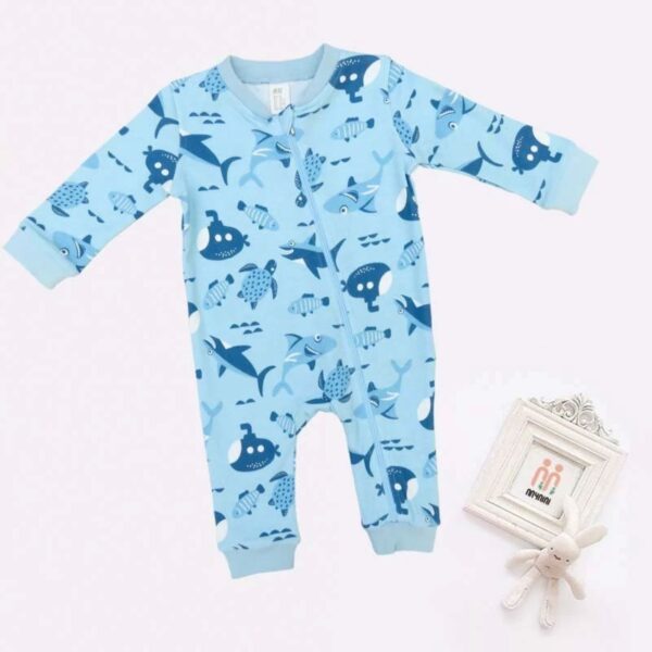Baby Sporty Romper – Navy Blue with Whale Pattern in Cotton with Zipper