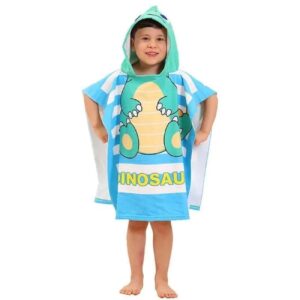 Blue Children’s Poncho Bath Towel with Dinosaur Design