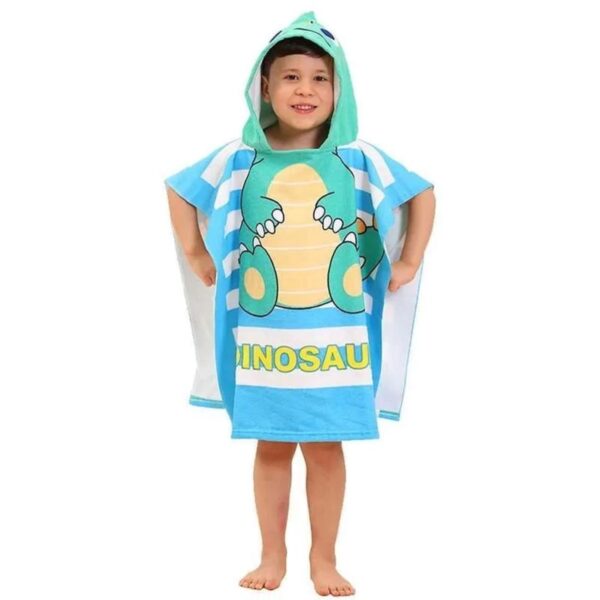 Blue Children’s Poncho Bath Towel with Dinosaur Design