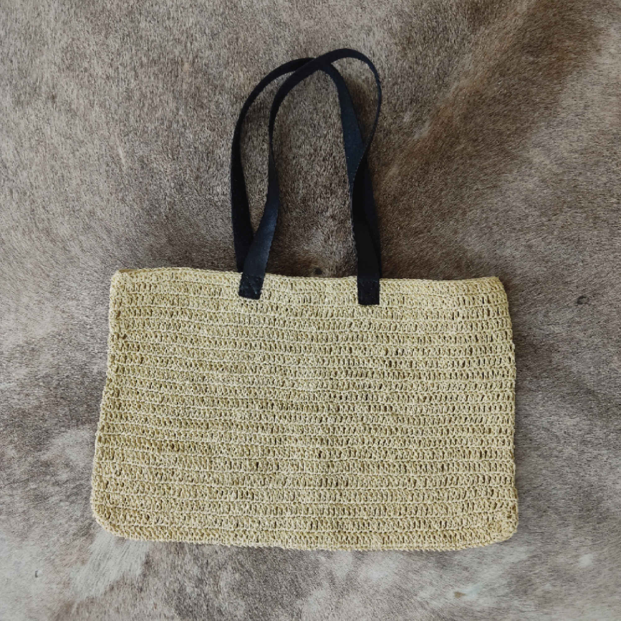 Boho Crochet Raffia Tote with Faux Leather Strap – Unlined & Lightweight