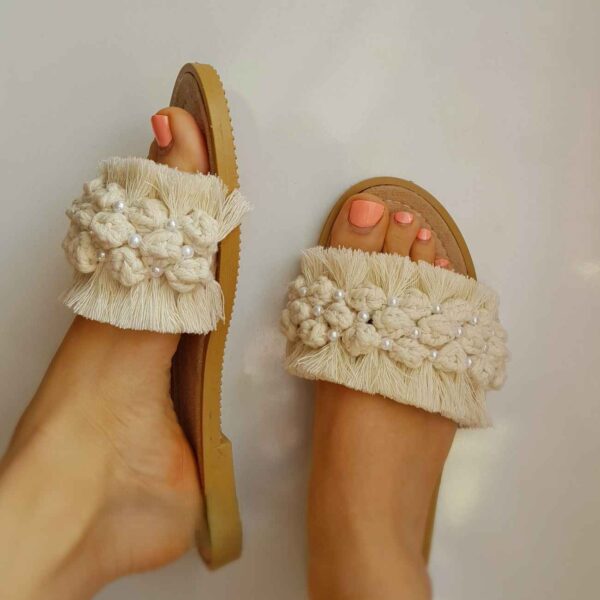 Boho Indoor Macrame Sandal – Pearl Embellished, Comfortable for Long Wear