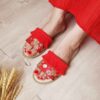 Boho-Style Indoor Summer Slipper – Floral Embroidery & Macrame in Red