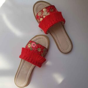 Boho-Style Indoor Summer Slipper – Floral Embroidery & Macrame in Red