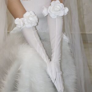 Bridal Gloves Decorated With Satin Flowers, Suitable for Weddings & Ceremonies