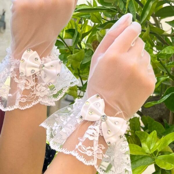Wedding White Lace Gloves with Ruffles and Bow Suitable for Photoshoot & Ceremonies