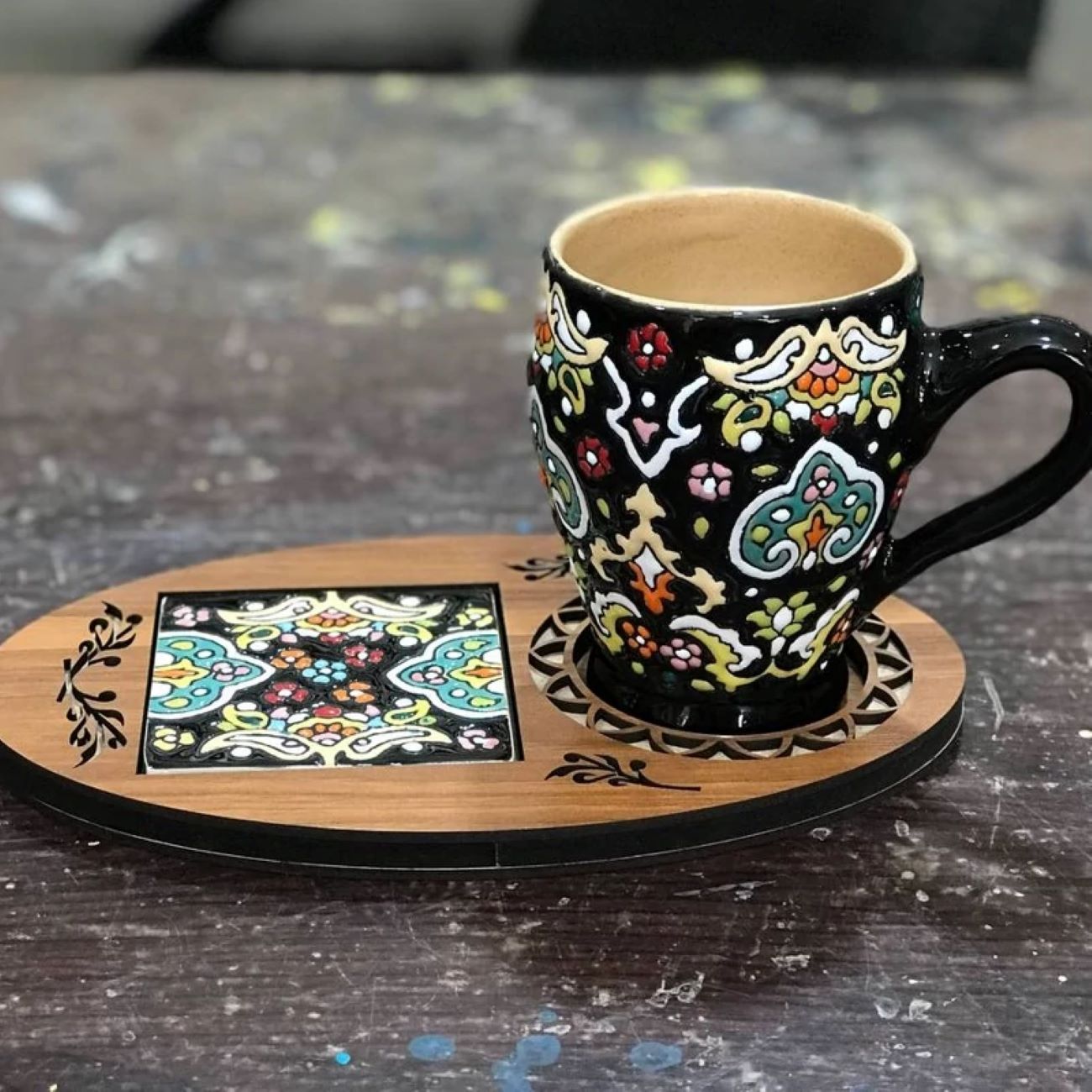 Enamel-painted pottery mug with wooden coaster – Suitable for Decorative or Gifting