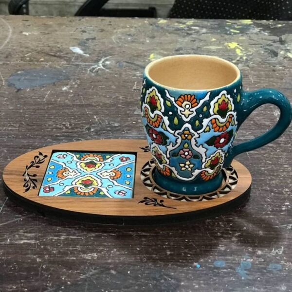 Enamel-painted pottery mug with wooden coaster – Suitable for Decorative or Gifting