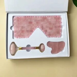 Facial Roller Massage Set in Rose Quartz Gemstone Include Sleep Eye Mask