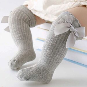 Girls’ Long Dress Socks with Bow – Premium Quality Gray Cotton